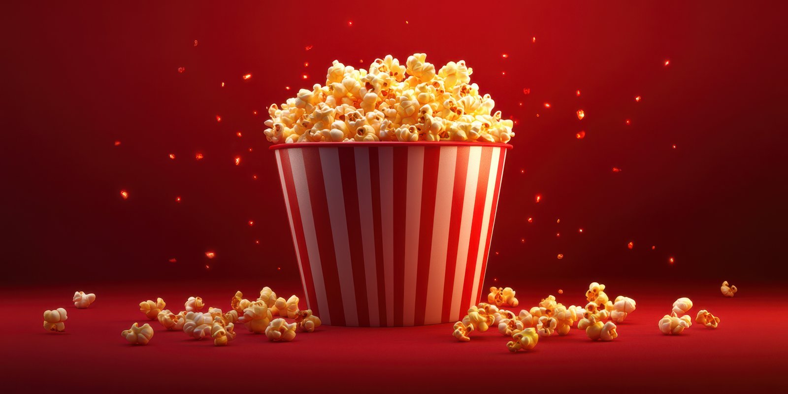 Enjoying freshly popped popcorn in a red theater with a festive atmosphere and delicious aroma filling the air
